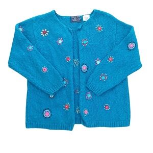 Vintage Hand Knit Linen/Cotton Blend Embroidered Floral Open Cardigan Large